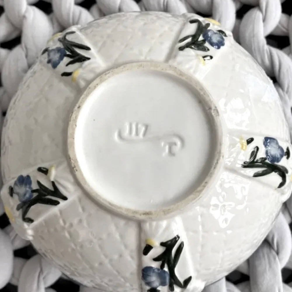 Vintage Ceramic Bowl Flowers Blue Scalloped Trim 6.5” Stamped Marked Decor Artsy